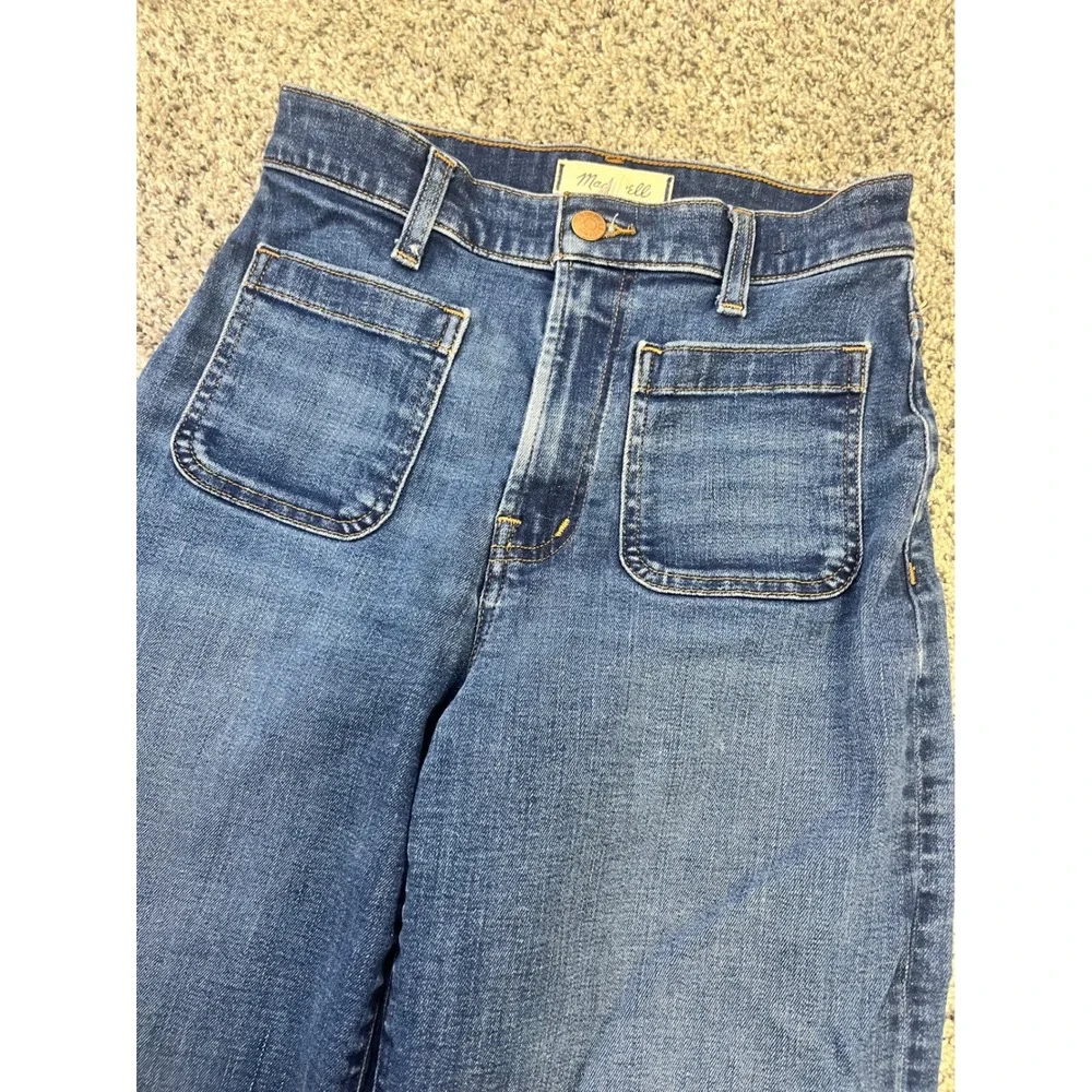 Madewell Emmett Wide-Leg Crop Jeans Blue Raw Hem Patch Pockets NR479 Womens 25